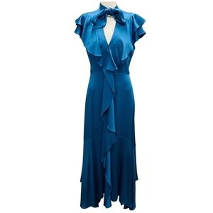 PETER PILOTTO BLUE RUFFLED TIE NECK SATIN MAXI DRESS
